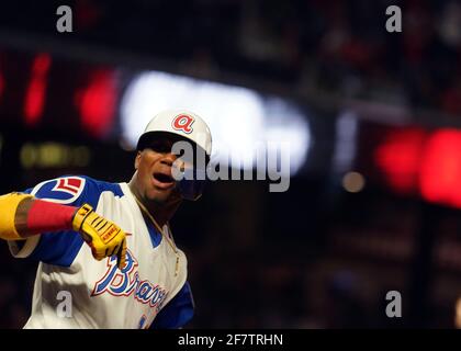 Atlanta, États-Unis. 09e avril 2021. Atlanta Braves batte Ronald Acuna, Jr. Réagit après une course à domicile à deux-run dans le cinquième repas le jour d'ouverture contre les Phillies de Philadelphie au Truist Park à Atlanta, le vendredi 9 avril 2021. Photo de Tami Chappell/UPI crédit: UPI/Alay Live News Banque D'Images