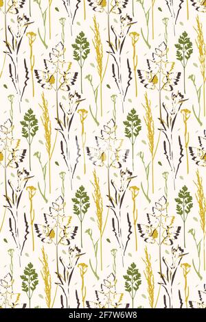 Motif abstrait sans coutures en herbe sauvage. Tons de terre couleurs, pinceau graphique contour esquisse style illustration des herbes naturelles, plantes de champ. Modifiable Illustration de Vecteur