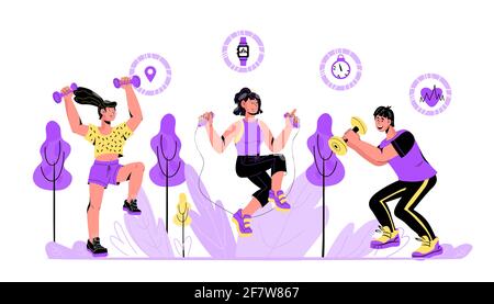 Bannière avec des personnes faisant du sport et utilisant l'application pour smartphone pour suivre leur santé et obtenir des informations sur leur forme physique, illustration vectorielle de dessin animé. Applica sport Illustration de Vecteur