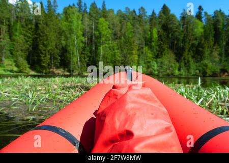 Loisirs aquatiques. Voyagez sur un kayak gonflable rouge sur la petite rivière Spring, arrêtez-vous sur le chemin observez les épaissis vertes des plantes marécagelles Banque D'Images