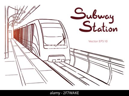 Encre dessinés à la main, croquis de la ligne de métro léger monorail de Moscou, se former en style contour vue perspective. Illustration de Vecteur