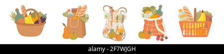 Kit d'illustrations vectorielles à la main et à la taille du panier. Achat d'épicerie, emballage avec les produits. Bouteille d'eau, pain, fruits, légumes. Illustration de Vecteur