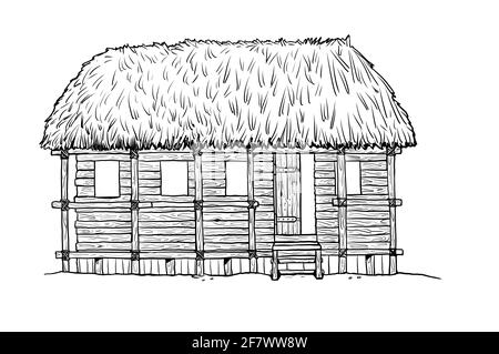 Cabane en bois. Petite maison. Page de coloriage. Banque D'Images