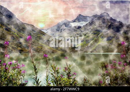 Coucher de soleil sur le lac de montagne avec fleurs sauvages en tweed rose au premier plan. Paysage alpin pittoresque. Aquarelle Illustration. Banque D'Images