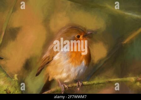 Peinture numérique d'un rouge-gorge européen, erithacus rubecula dans un habitat naturel de bois britannique. Banque D'Images