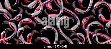 Flamants métalliques réfléchissants sur fond noir. Concept décoratif abstrait rendu 3D illustration 3D Banque D'Images