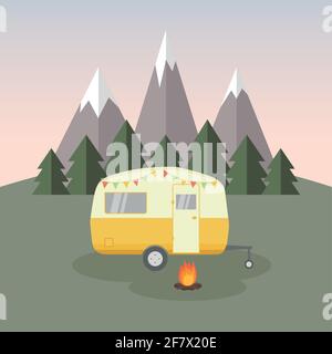aventure de camping de wanderlust dans le désert avec camping-car Illustration de Vecteur