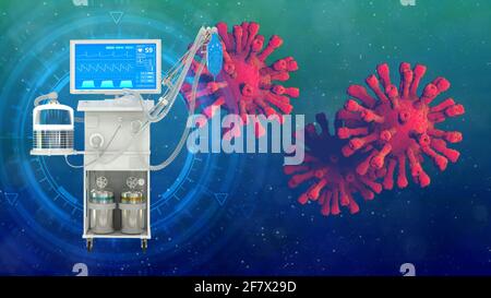 Ventilateur de poumons USI avec coronavirus, cg médecine illustration 3d Banque D'Images