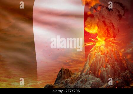 Éruption volcanique conique la nuit avec explosion sur le fond du drapeau italien, problèmes à cause de la catastrophe et de la cendre volcanique concept - illustration 3D de Banque D'Images