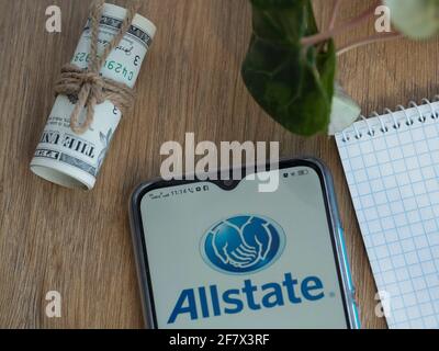 Ukraine. 10 avril 2021. Dans cette illustration, le logo d'Allstate Corporation apparaît sur un smartphone. (Photo de Valera Golovniov/SOPA Images/Sipa USA) crédit: SIPA USA/Alay Live News Banque D'Images