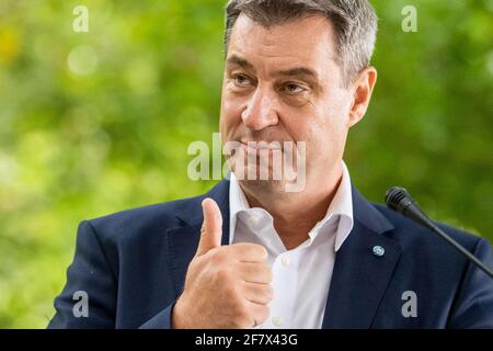 Munich, Allemagne. 30 juillet 2019. Markus Söder (CSU), Premier ministre de Bavière, assiste à la conférence de presse sur la réunion du cabinet à la Hofgarten. Le 11 avril 2021, le Comité exécutif du groupe parlementaire CDU/CSU se réunit pour une réunion à huis clos d'une journée complète. Crédit : Lino Mirgeler/dpa/Alay Live News Banque D'Images