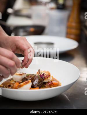 Les mains du chef appliquent une touche finale à un délicieux plat de fantaisie restaurant Banque D'Images