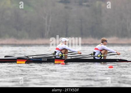 Varese, Italie. 10 avril 2021. Jonathan Rommelmann, Jason Osborne (GER), Double Sculls légers pour hommes lors des Championnats d'Europe d'aviron 2021, Canoying à Varese, Italie, avril 10 2021 crédit: Independent photo Agency/Alay Live News Banque D'Images