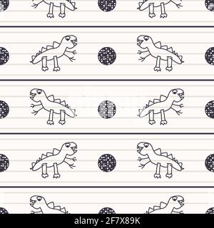 Adorable dinosaure noir blanc griffé sur fond de doodle pour enfants. Motif fantaisie dessiné à la main sans coutures. Dessin animé naïf de caractère simple pour le minimum Illustration de Vecteur