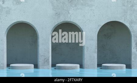 Trois podiums dans l'eau sous les arches près du mur. Lumière du soleil éclatante avec ombre dure. Rendu 3D Banque D'Images