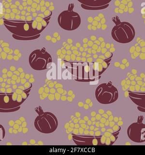 Motif vectoriel sans couture avec raisin sur bol et grenade. Motif fruits vectoriels. Illustration de Vecteur