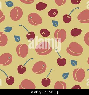 Motif vectoriel sans couture avec fruits à l'abricot et à la cerise sur fond jaune. Motif fruits d'été. Illustration de Vecteur