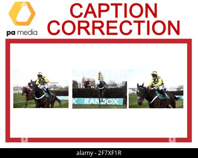 CORRECTION DE LÉGENDE - correction du nom de jockey de Harry Skelton à Nico de Boinville - Shishkin criblé par Nico de Boinville est clair pour gagner la chasse aux novices de Doom Bar Maghull lors du Grand National Day of the 2021 Randox Health Grand National Festival à Aintree Racecourse, Liverpool. Date de la photo: Samedi 10 avril 2021. Banque D'Images