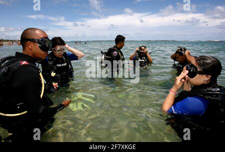 marau, bahia / brésil - 27 décembre 2011: On voit des gens plonger dans une piscine naturelle sur la plage de Taipu de Fora, dans le quartier de Barra Grande, dans le mu Banque D'Images