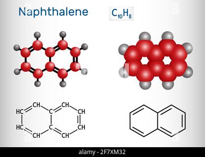 Molécule de naphtalène. Il s'agit d'hydrocarbures aromatiques comprenant deux anneaux de benzène fusionnés. Formule chimique structurelle et modèle moléculaire. Illustration vectorielle Illustration de Vecteur