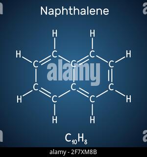 Molécule de naphtalène. Il s'agit d'hydrocarbures aromatiques comprenant deux anneaux de benzène fusionnés. Formule chimique squelettique sur fond bleu foncé. Vecteur Ill Illustration de Vecteur