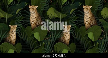 Motif tropical exotique avec léopards dans les feuilles de palmier et fleurs de protea. Dessin à la main fond botanique pour la fabrication de papier peint, impression de tissus Banque D'Images