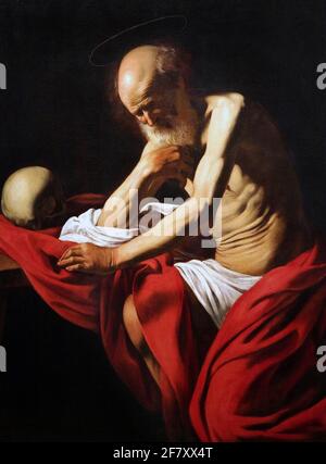 Saint Jérôme en méditation 1605 peinture par Caravaggio 1571-1610 a Peinture du maître baroque italien Caravaggio.Michelangelo Merisi da Caravaggio (Michele Angelo Merigi ou Amerighi) Banque D'Images