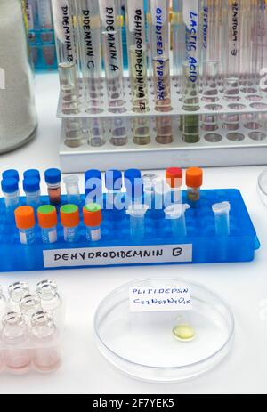 Flacon avec un composé chimique antiviral, la plitidepsine, cette formulation a une efficacité antivirale beaucoup plus puissante contre le SRAS-COV-2 que le seul antivir Banque D'Images