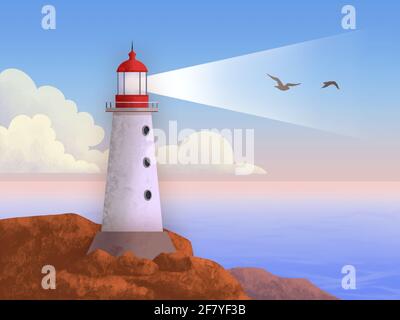 Phare au coucher du soleil dans un paysage de couleur pastel. La silhouette de deux oiseaux est révélée par le faisceau lumineux. Illustration numérique. Banque D'Images