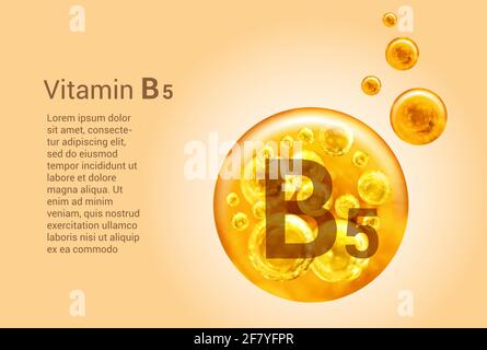 Vitamine B5. Baner avec des images vectorielles de boules dorées avec des bulles d'oxygène. Concept de santé. Illustration de Vecteur