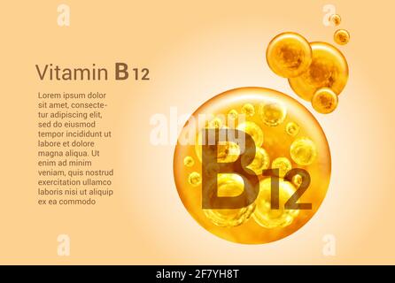 Vitamine B12. Baner avec des images vectorielles de boules dorées avec des bulles d'oxygène. Concept de santé. Illustration de Vecteur