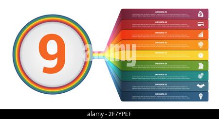 Infographies de modèle 9 positions. Bandes colorées numérotées avec Prospect. Infographie. Illustration de Vecteur