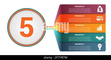 Infographies de modèle 5 positions. Bandes colorées numérotées avec Prospect. Infographie. Illustration de Vecteur