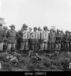 Répétez les exercices du corps de Mariniers dans le Veluwe dans la région d'Elspeet. Un groupe de marins est à la place de repos, attendant les choses qui viennent. Banque D'Images