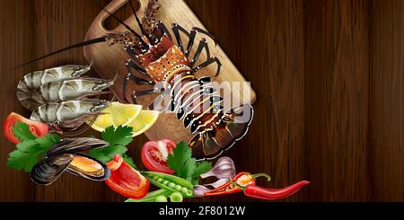 Homard et fruits de mer sur la table de cuisine. Illustration de Vecteur