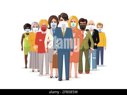 L'équipe internationale des affaires porte des masques pour protéger contre la COVID sur blanc, concept horizontal plat illustration Illustration de Vecteur