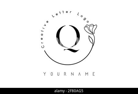Création initiale lettre Q logo avec lettres cercle dessiné à la main élément de fleur et feuille. Icône d'illustration vectorielle pour naturel, écologique, bijoux, mode, Illustration de Vecteur
