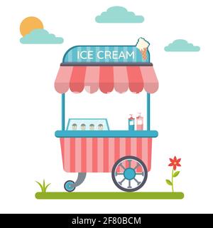 Chariot avec glace. Chariot et doux, crème glacée, kiosque et marché. Illustration vectorielle. Illustration de Vecteur