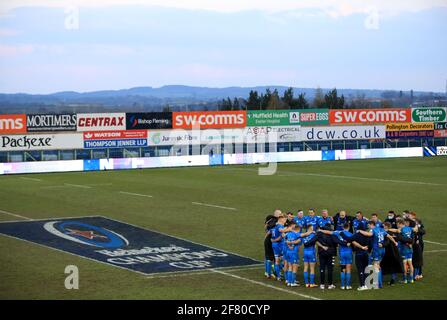 Les joueurs de Leinster célèbrent après le coup de sifflet final lors de la Heineken Champions Cup, quart de finale de match à Sandy Park, Exeter. Date de la photo: Samedi 10 avril 2021. Banque D'Images