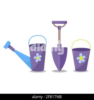 Outils de jardinage l'arrosage peut pelle godet isolé sur fond blanc Illustration de Vecteur