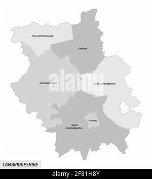 La carte isolée du comté de Cambridgeshire est divisée en districts avec des étiquettes, l'Angleterre Illustration de Vecteur