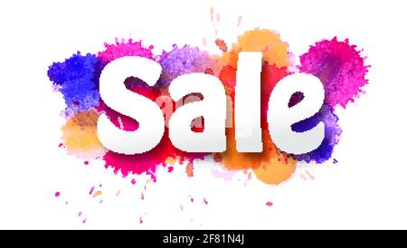 Vente. Lettres sculptant du papier sur des taches d'encre multicolores isolées sur fond blanc. Effet de superposition. Illustration vectorielle. Illustration de Vecteur