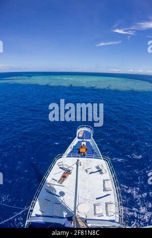 Le bateau de plongée à bord, Nai'a, s'est ancré au sommet d'un océan ouvert, Fidji. Banque D'Images