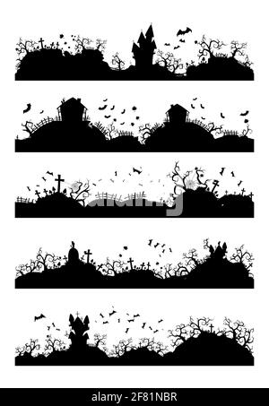 Ensemble vectoriel d'illustrations horizontales sans couture pour Halloween avec château, cimetière et chauves-souris. Silhouettes noires. Illustration de Vecteur