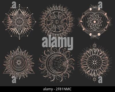 Ensemble vectoriel de symboles sacrés et de figures géométriques sur fond noir. Des signes abstraits en or. Pour vous le design et l'artisanat magique. Illustration de Vecteur