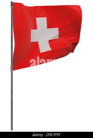 Drapeau suisse sur pôle. Bannière onduleuse isolée. Drapeau national de la Suisse Banque D'Images