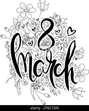 8 Mars avec amour. Carte de grillage à la main avec fond de fleur. Lettres de style rétro faites main. Typographie vectorielle vintage dessinée à la main Illustration de Vecteur