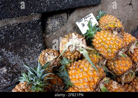 Gros plan de pile d'ananas fraîchement cueillis sur le côté de la rue avec un prix, Port Louis, Maurice Banque D'Images