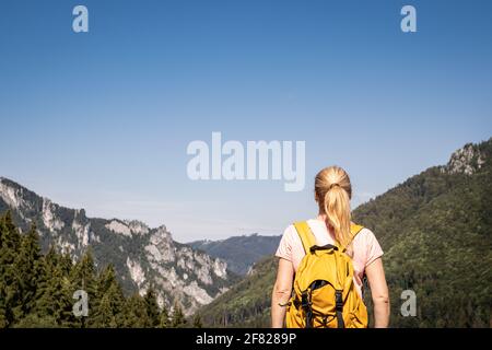 Touriste féminin regardant les montagnes rocheuses. Femme avec sac à dos randonnée dans la nature pendant les vacances d'été. Effacer le ciel bleu comme espace de copie Banque D'Images