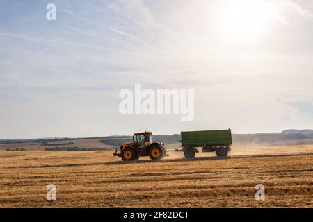 Tracteur avec remorque sur chaume. Machines agricoles pendant la saison de récolte. Ciel lumineux avec soleil. Banque D'Images